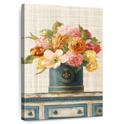 Harnek tulipes dans une boîte à chapeau bleu sarcelle et or sur toile de lin