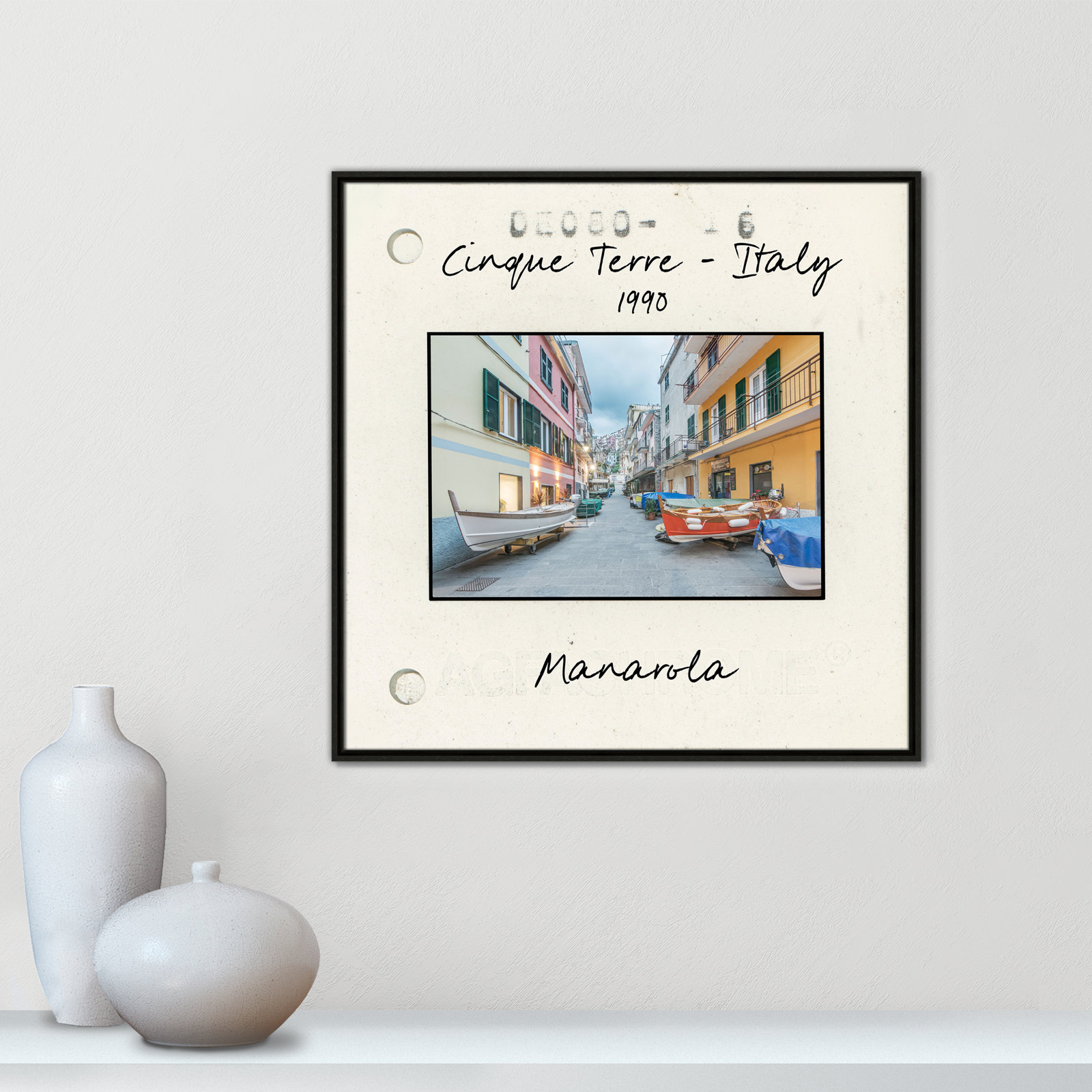 Travel Slide Collection "Cinque Terre - Manarola" Print, Espresso Floater Framed Canvas, 31.5" H x 31.5" W x 2" D