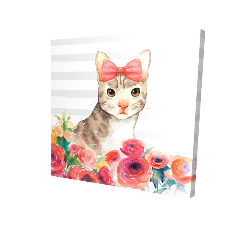 Petit chat avec des fleurs sur toile | Home Decor Pet Art