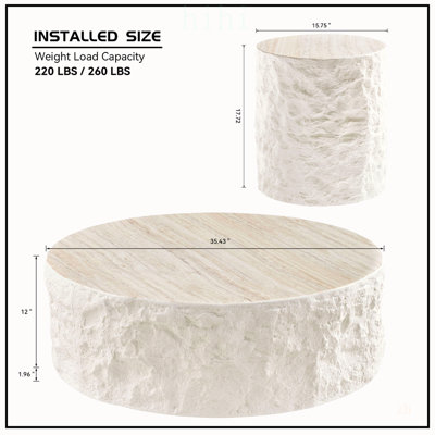 31.5 Inch Modern Handcrafted Drum Coffee Table, Sturdy MDF Pedestal, Natural Stone-Like Design for Living Rooms