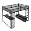Lit mezzanine en métal pleine grandeur avec DEL, bureau, garde-robe ouverte et 3 tiroirs de rangement en lin