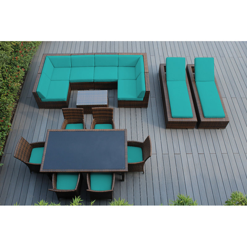 Pavior 14 - Person Patio Conversation Set with Cushions, Polyester Turquoise, Mixed Brown
