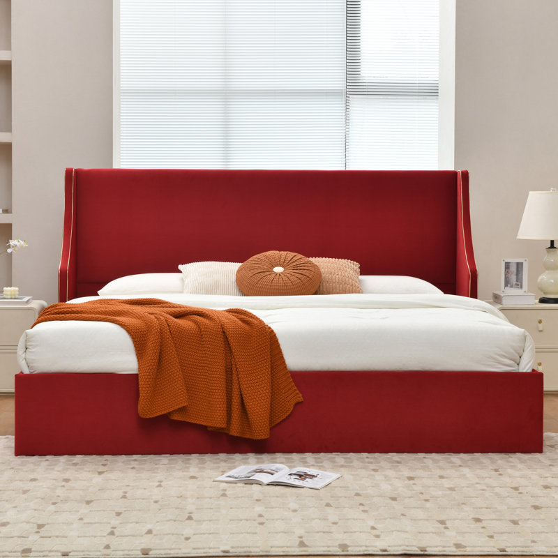 Lit plateforme tapissier avec rangement Linvel, Très grand, Velours écarlate