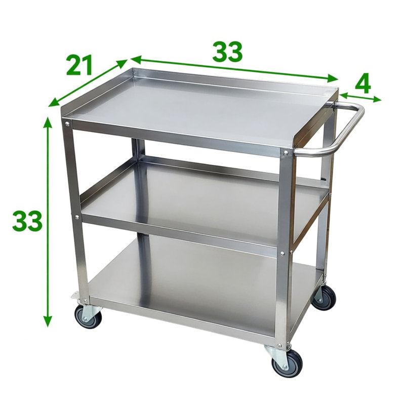 Chariot utilitaire roulant en acier inoxydable à 3 tablettes H 33 po x L 33 po x P 21 po Express KitchQuip pour utilisation commerciale