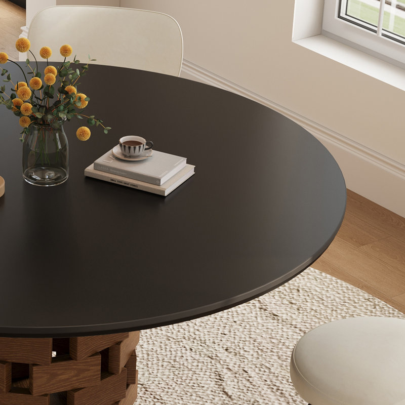 51" Mid-century Modern Round Dining Table, Black Sintered Stone Top, Sculptural Wooden Base, Retro Kitchen Table For 4-6 People