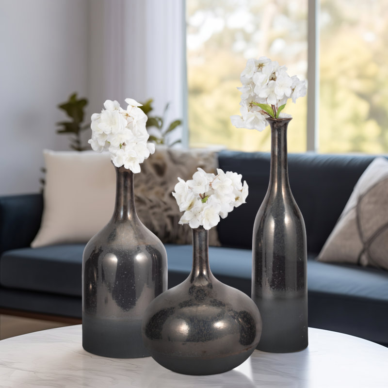 Vases Stoneware Metallic Finish Modern Decorative Accent for Home Office Living Room Bedroom Set of 3 - 18", 15", 12" Bronze & Copper