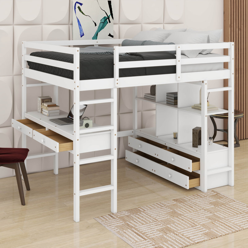 Lit mezzanine double avec bureau intégré avec deux tiroirs et tablettes et tiroirs de rangement