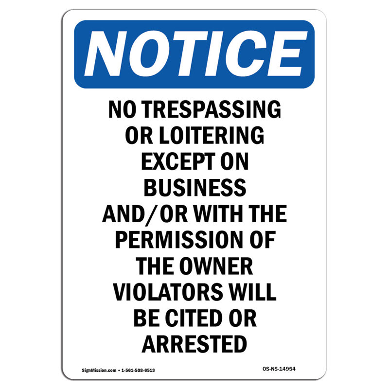 No Trespassing or Loitering Except Sign