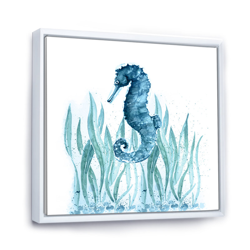 Blue Art Seahorse - on, H 30 po x l 30 po x P 1 po, Toile avec cadre flottant blanc