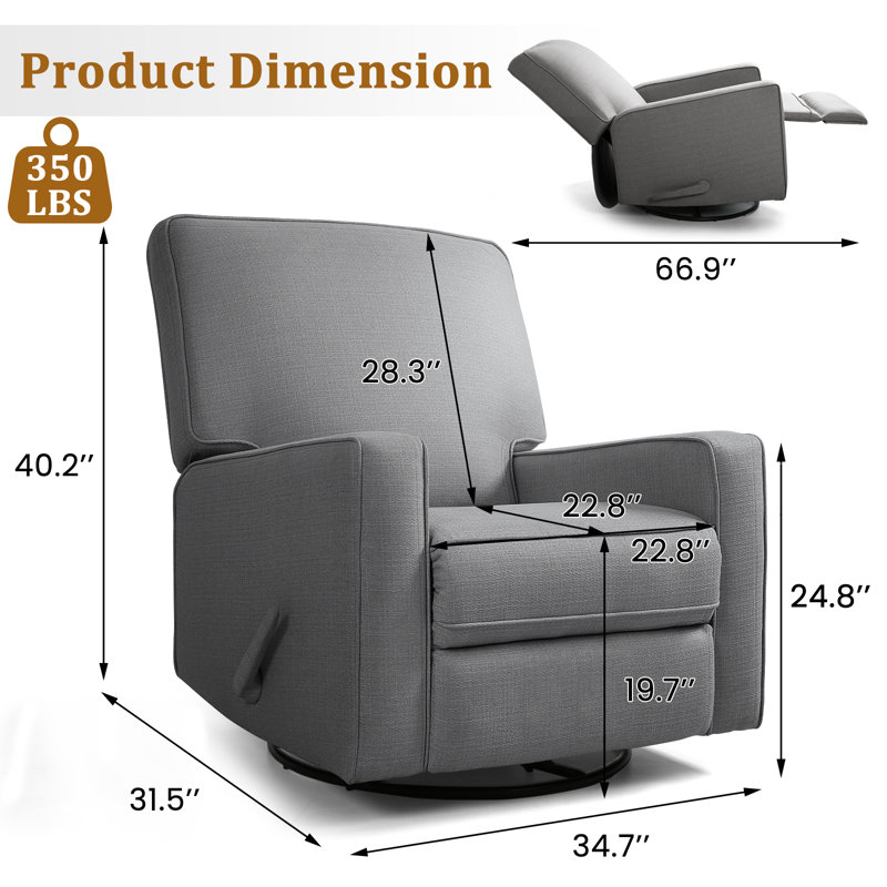 Saidee Upholstered Manual Swivel Rocker Recliner Chair, Charcoal Linen