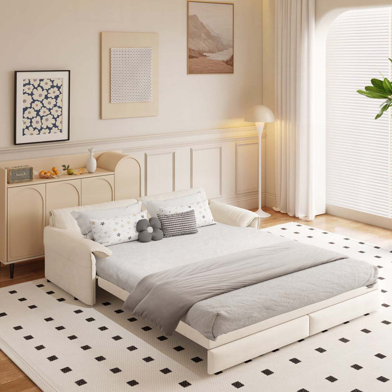 Pull Out Sofa Bed, 3-in-1 Convertible Sleeper Sofa with Side Storage, Beige