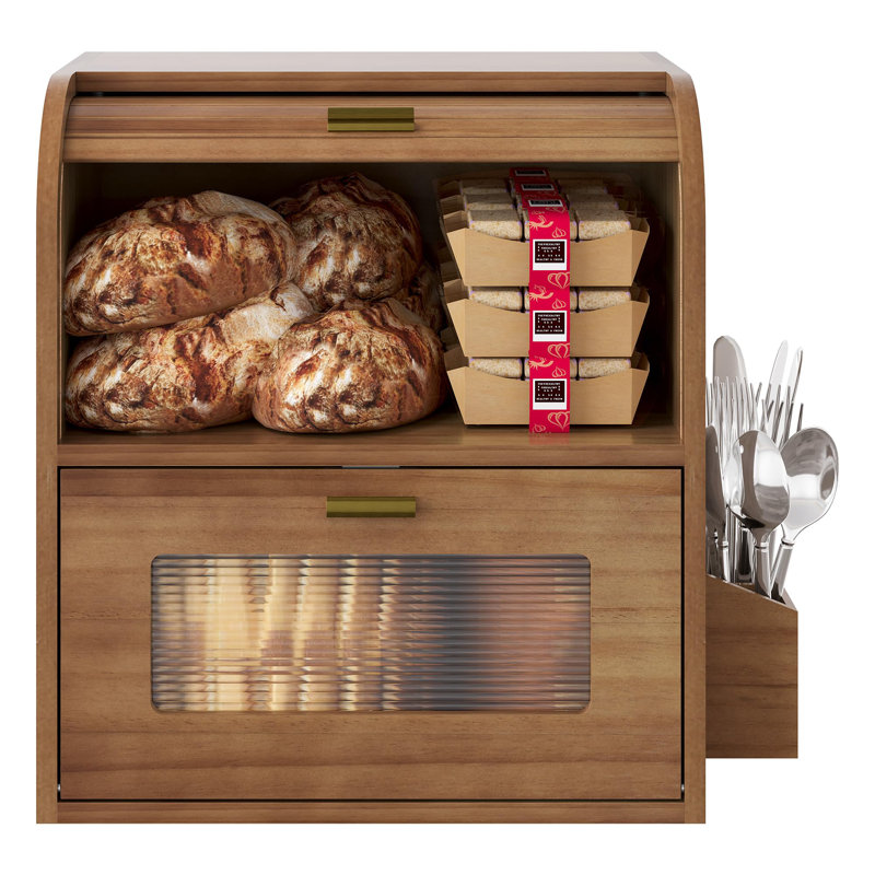 Roll Top Bread Box for Kitchen Countertop, Double Layer Vintage Wooden Breadbox with Window, (Black), Brun rétro