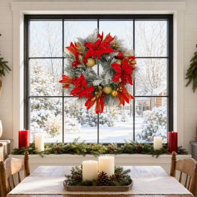 20" Pre-Lit Christmas Wreath with Timer, Flocked Red & Gold LED Wreath for Front Door, Indoor & Outdoor Holiday Decor