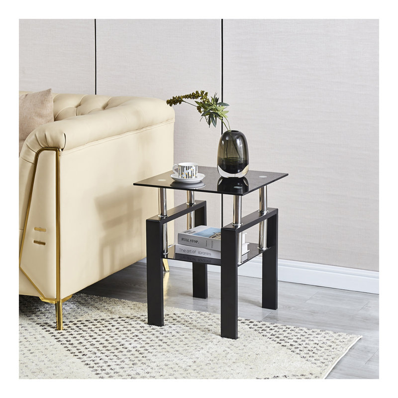 Canapé 2 pièces en verre trempé noir avec support noir avec pieds en métal pour le salon, Noir, Noir