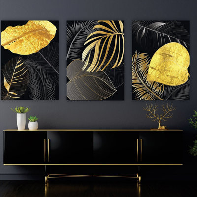 Gold Leaves Modern Acrylic Wall Art 3 Piece Set