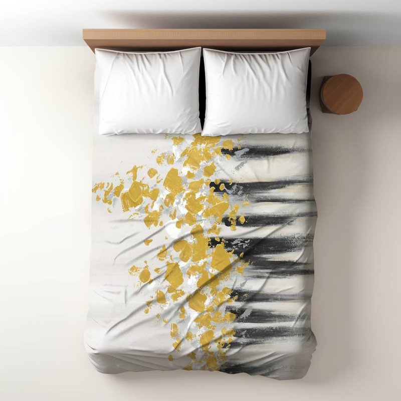 Polyester Sateen Duvet Cover, Twin Duvet, Blue Abstract Gold Flowers