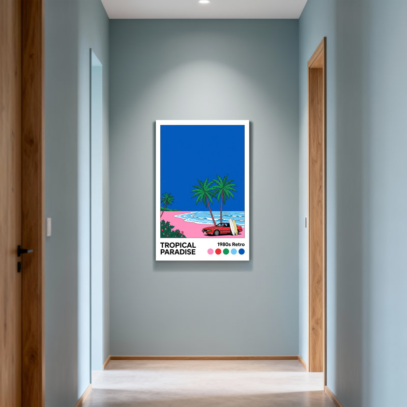 Paysage et nature, paradis tropical, voiture de plage, palmiers, palette de couleurs de style rétro, H 40 po x l 28 po