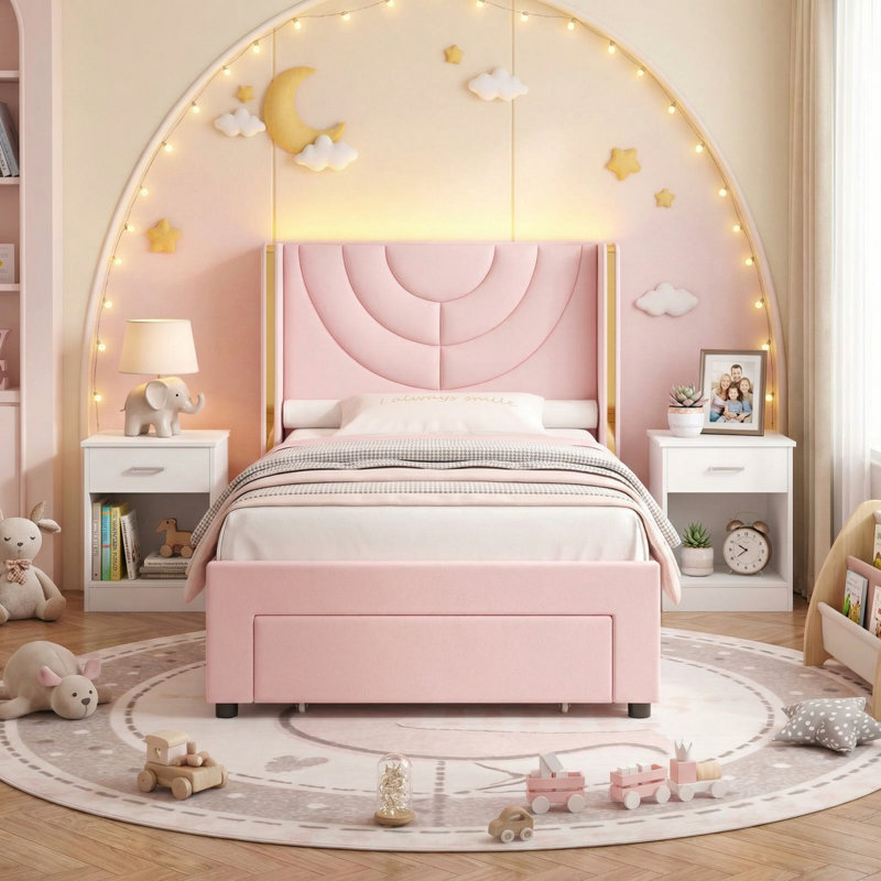 3-Piece Bedroom Set, All-in-One Kids Bedroom Solution, Upholstered Bed with Ambient Light + 2 Nightstands, EXTRA Storage Drawer