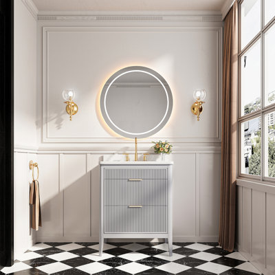 Fully Assembled 30'' Freestanding Single Sink Bathroom Vanity with Solid Wood & Marble