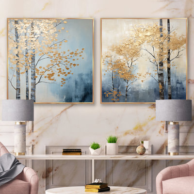 Minimalism Gold And Blue Trees Scene V - Trees Square Collage Set Of 2