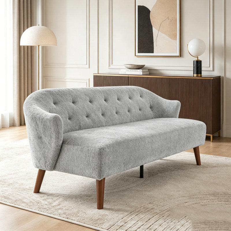 Canapé Mid-Century 3 places avec dossier capitonné et tissu moelleux, LIGHT GREY Fabric