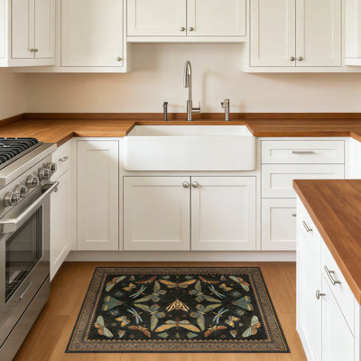 Black Washable Entry Rug, Non-Slip Low Pile Bug Print For Kitchen Bathroom