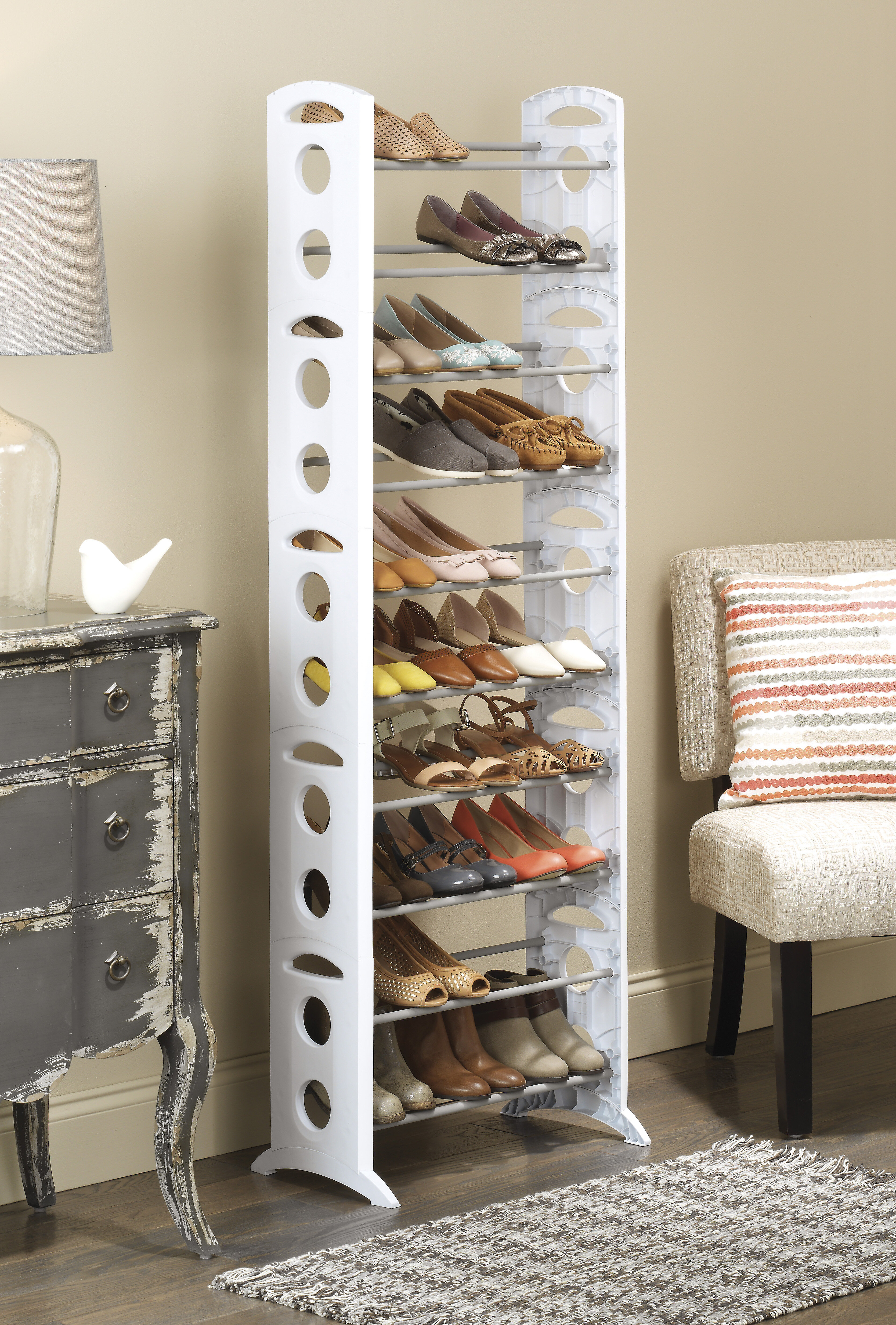 Whitmor 10-Tier 30 Pair Floor Shoe Rack - White - Plastic 