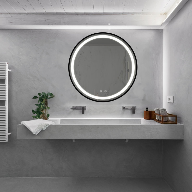Miroir de salle de bain pour salle de bain avec fond de panier, cadre en alliage d'aluminium noir, luminosité élevée, tactile à intensité variable, contrôle de l'interrupteur mural, antibuée, CRI 95 réglable 3000K-4500K-6000K, miroir