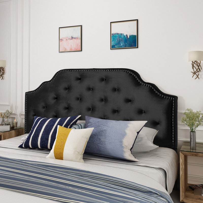 Contemporary Style Queen & Full Sized Headboard - Upholstered Velvet With Button Pattern And Captivating Nailhead Accents, Assembly Needed Black Design Diamond Stitch Fine Details, Required