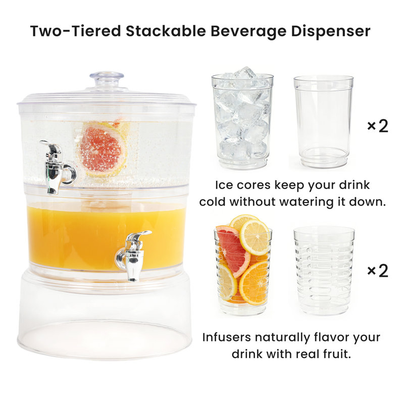 LISI 2-Tier Beverage Dispenser, 2 Gallon Stackable Drink Dispenser with Stand Ice Cores & Infusers, BPA-Free Clear Plastic Double Beverage Server for Parties, Events & Home Use