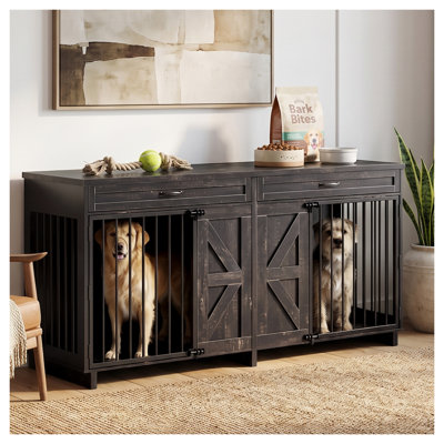 Antique Brown 2-in-1 Wooden Dog Crate Furniture and TV Stand with Storage Drawers for Large Dogs