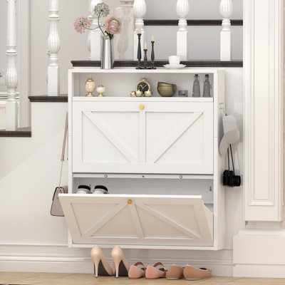 Metal Shoe Cabinet with 2 Flip Drawers, Wall Mounted Shoe Organizer, Narrow Slim Hidden Shoe Rack for Entryway,White