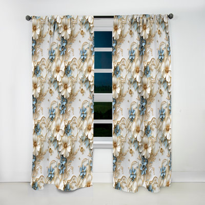 Golden White And Blue Flowers Elegance I - Glam Curtain - Velvet Room Darkening - 1 panel