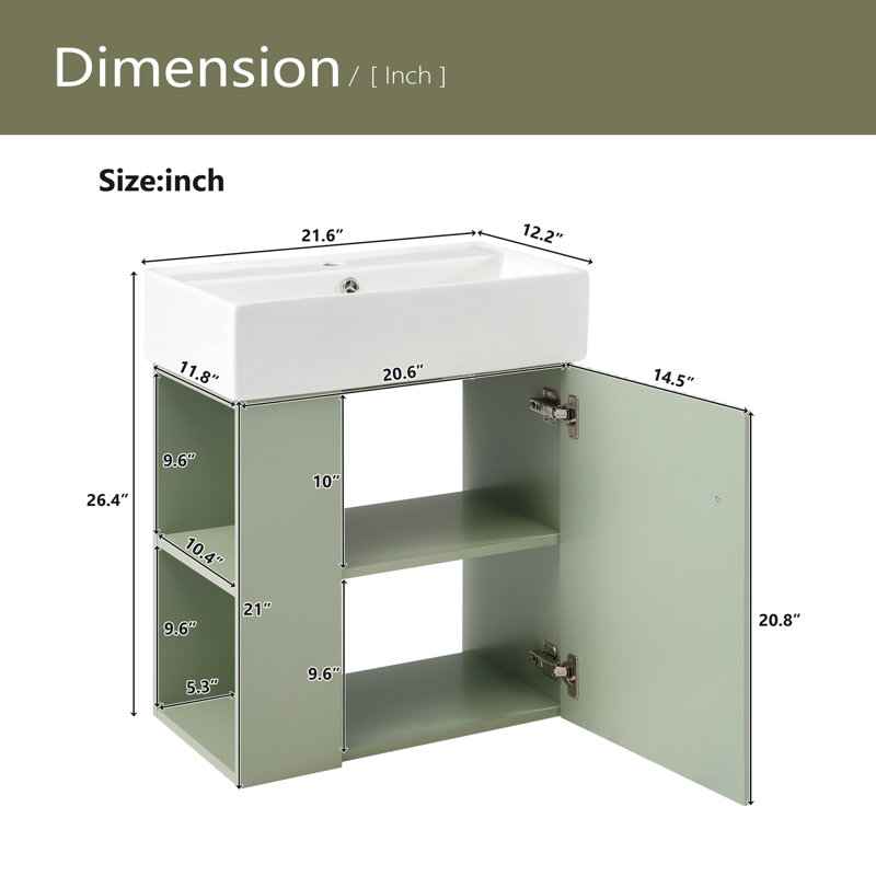 21.6 Inch Modern Floating Bathroom Vanity, Green