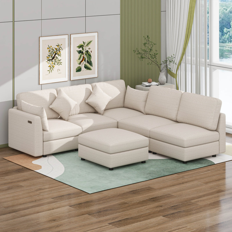 Canapé modulaire modulaire, canapé en L en forme de U avec repose-pieds mobile et 2 ports USB, Beige