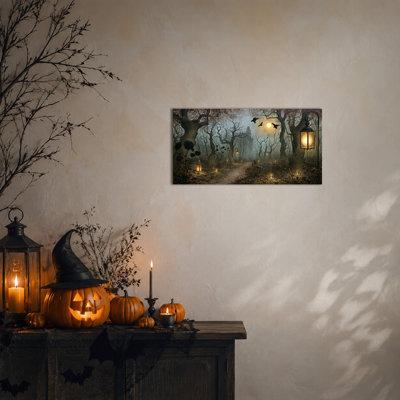 Halloween Wall Art Canvas Print, Gothic Raven Forest Path and Lantern Scene, Witchy Home Decor for Living Room Bedroom Entryway Office, Dark Fantasy Decoration, Wrapped Canvas with Pine Frame, 40x20 Inch