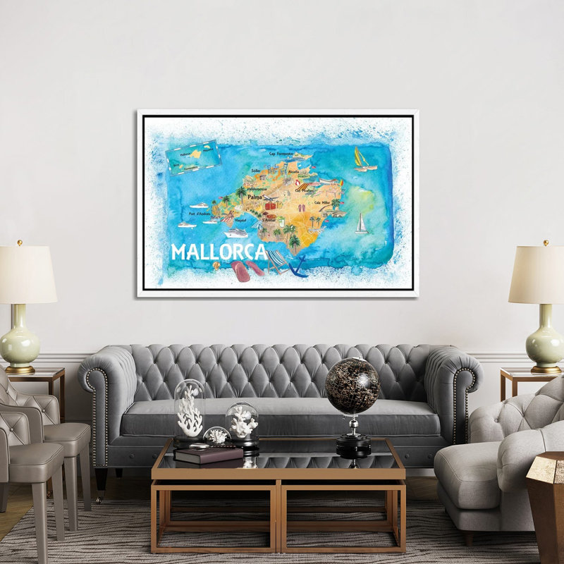 Mallorca Spain Illustrated Map With Landmarks And Highlights by Markus & Martina Bleichner - Painting on Canvas