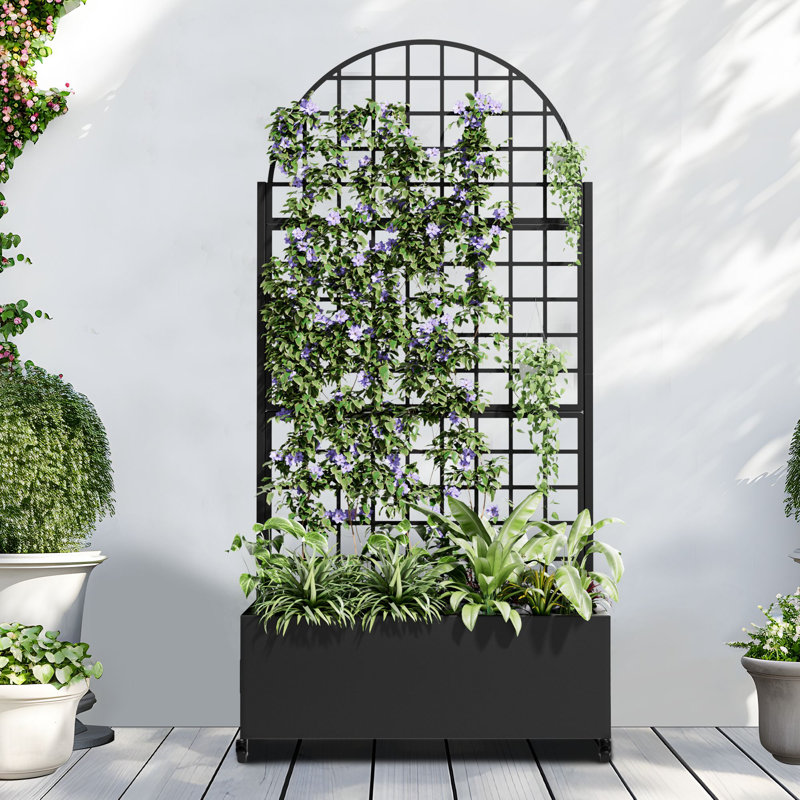 73"H×35"W Arch Metal Planter Box with Trellis with Wheels, Black