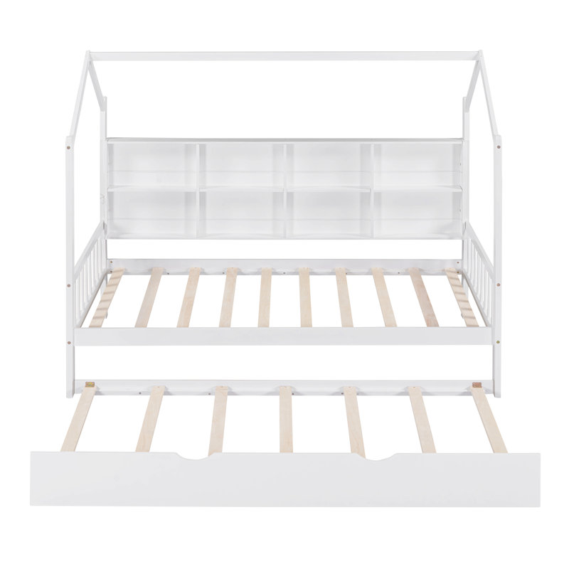 Wooden Twin Size House Bed With Trundle,Kids Bed With Shelf, Twin