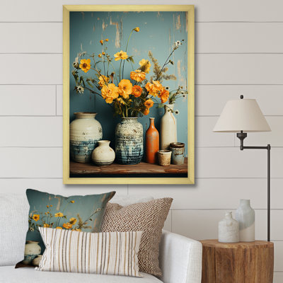 Art floral mural, poterie rétro jaune