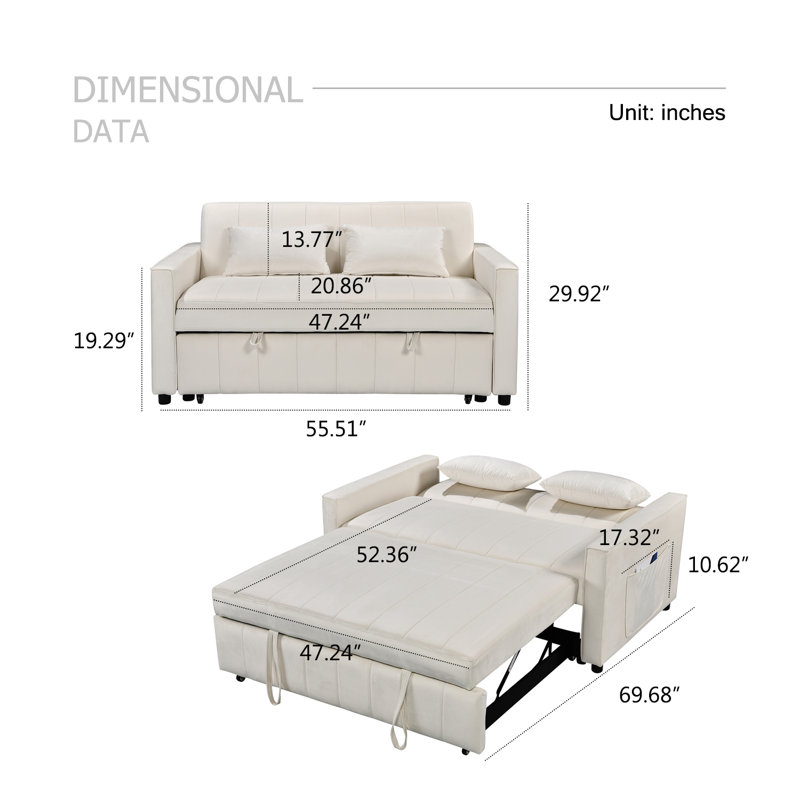 Radislava Convertible Sleeper Sofa Bed, 55.51" Modern 3-in-1 Futon Couch, White Velvet