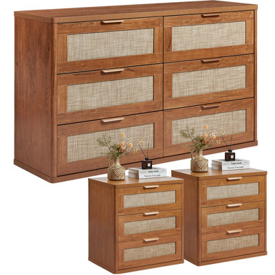 Ensemble commode et table de chevet en rotin, 3 pièces, commode à 6 tiroirs et table de chevet à 3 tiroirs