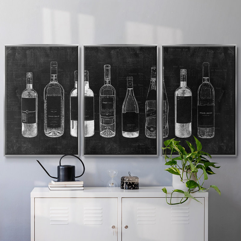 "Wine Cellar", peinture sur toile 3 pièces, H 36 po x l 75 po, Encadrement argenté
