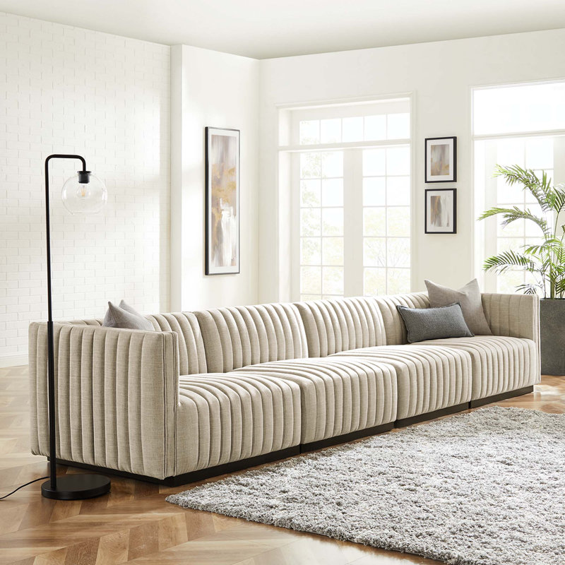 Conjure Channel Tufted Sofa by Modway, Black, Beige Polyester, 28" H x 155" W x 36.5" D
