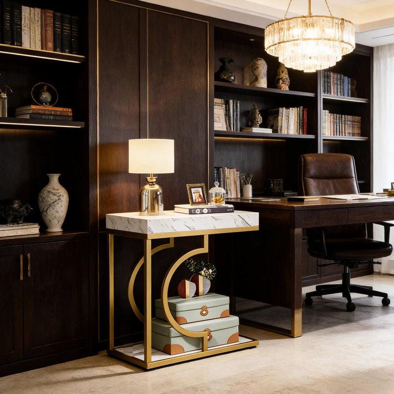 Table de chevet compacte avec faux marbre et structure dorée, ajout élégant à n'importe quelle pièce, 23,33 po de largeur, 11,62 po de profondeur, table fonctionnelle et stable, style simple à assembler