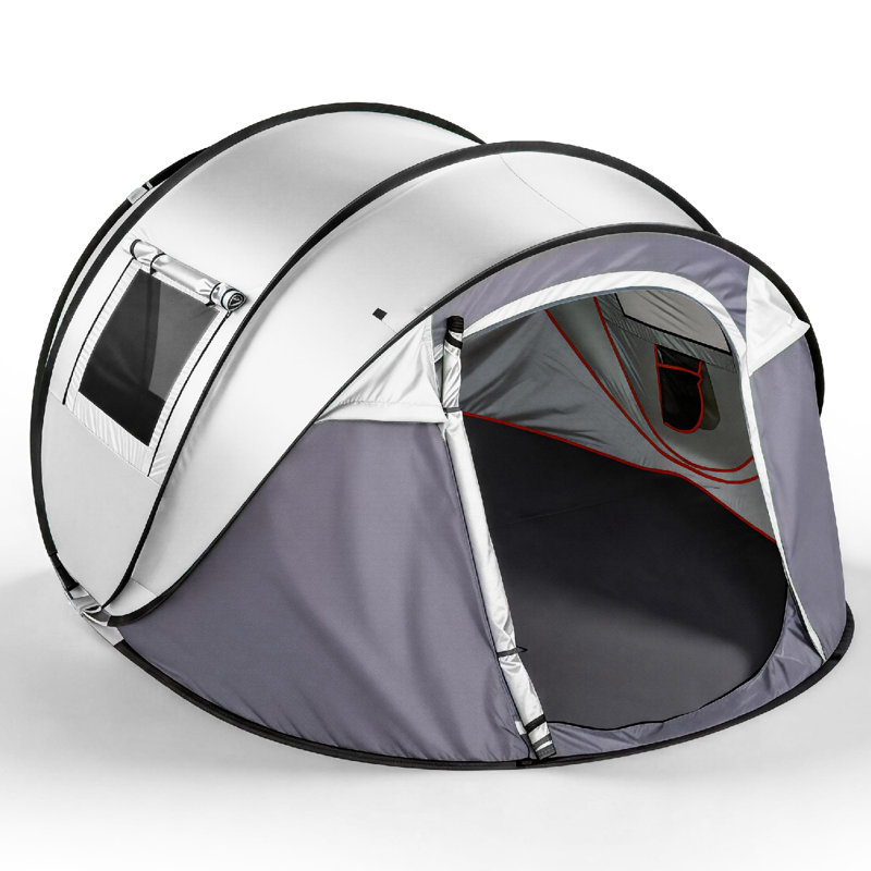 Tente de camping pop-up beige 3-4 personnes, tente de dôme automatique instantanée avec poteaux en fibre de verre et sac de transport, abri familial extérieur