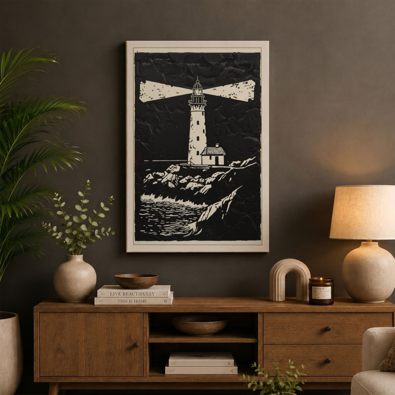 Lighthouse at Night Coastal - Wrapped Canvas, 18x12 - 45.7 x 30.5 cm, Ochre Border
