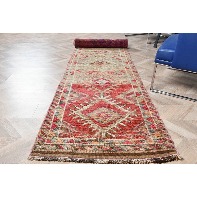 Tapis de chemin de fer turc vintage orange Herki idéal pour le couloir de la cuisine et les escaliers en matériau antique