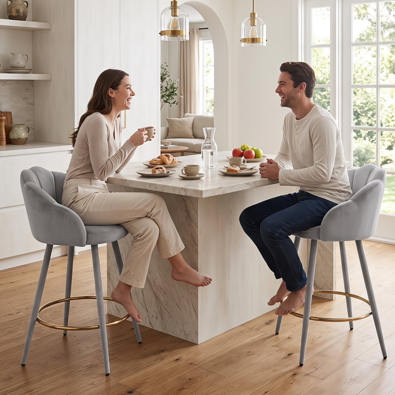 Upholstered Bar Stool with Iron Frame, Gray, 2