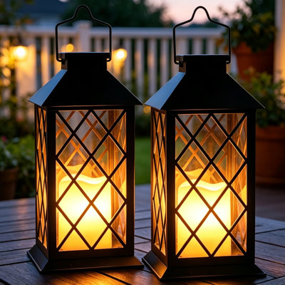 Set of 2, 35 cm Large Black Solar Hanging Garden Lanterns, Waterproof with Flickering Candle Effect & Auto On/Off, Solar Decorative Ornaments for Table, Tree, Grave, Patio, Pathway & Balcony [Energy Class A]